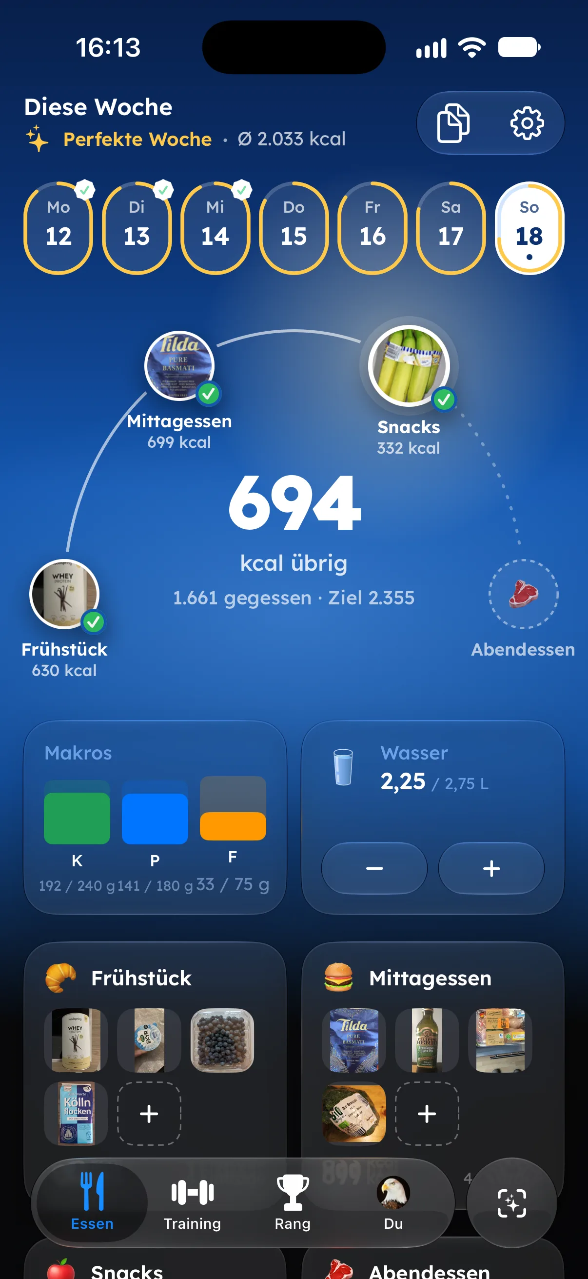 Fitaino Ernährungstagebuch mit Kalorienring und Makros
