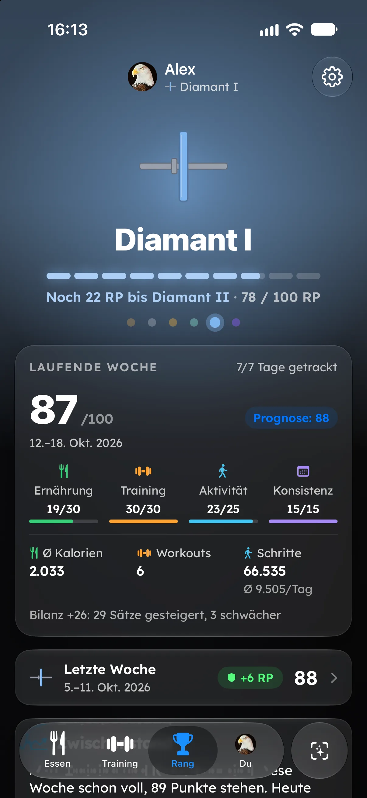 Fitaino Rang-Tab mit Langzeit-Rang und Wochenpunkten