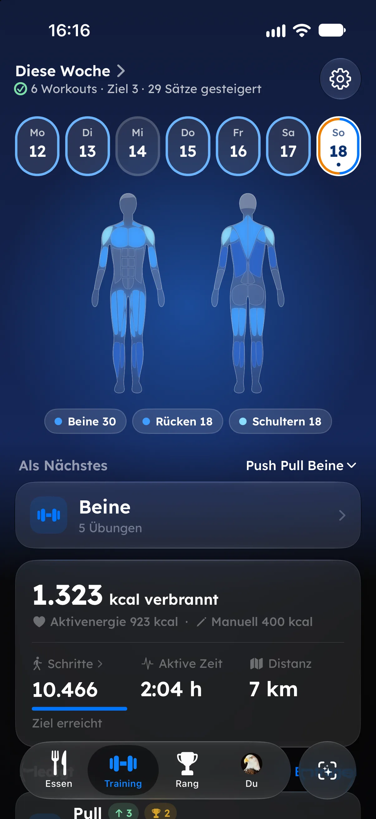 Training-Tagebuch mit Krafttraining und Cardio in Fitaino